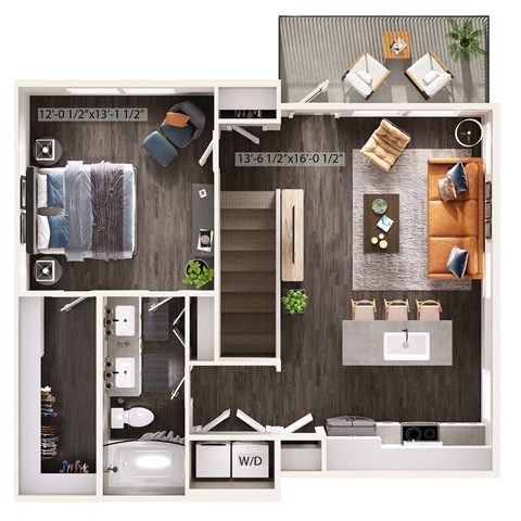 Floor plan for 1 bed, 1 bath, 809 sqft
